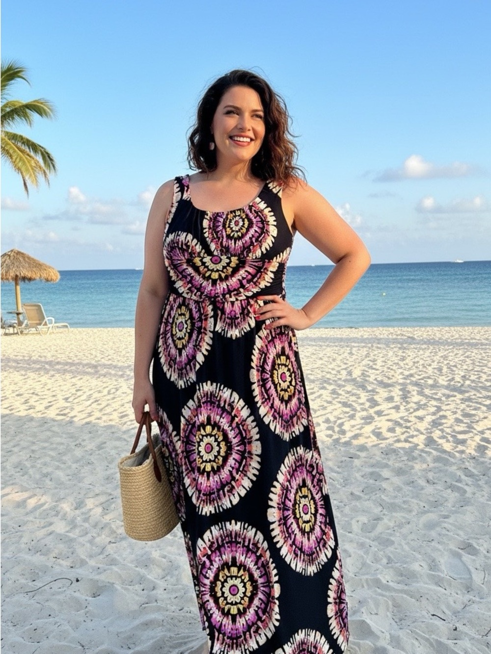 Black Maxi Dress with Pink & Cream Mandala Print